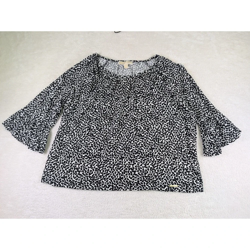 Michael Kors Black White Heart Leopard Print Bell Sleeve Blouse XL C1716